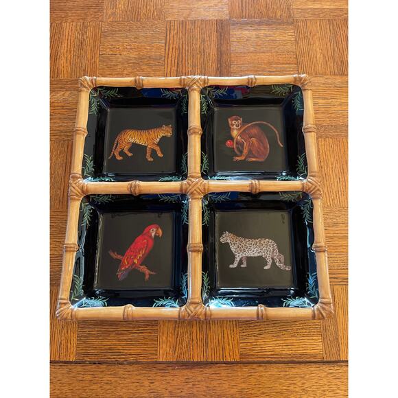 Raymond Waites " SAFARI " 15 " square 4 section condiment appetizer platter - Picture 1 of 9